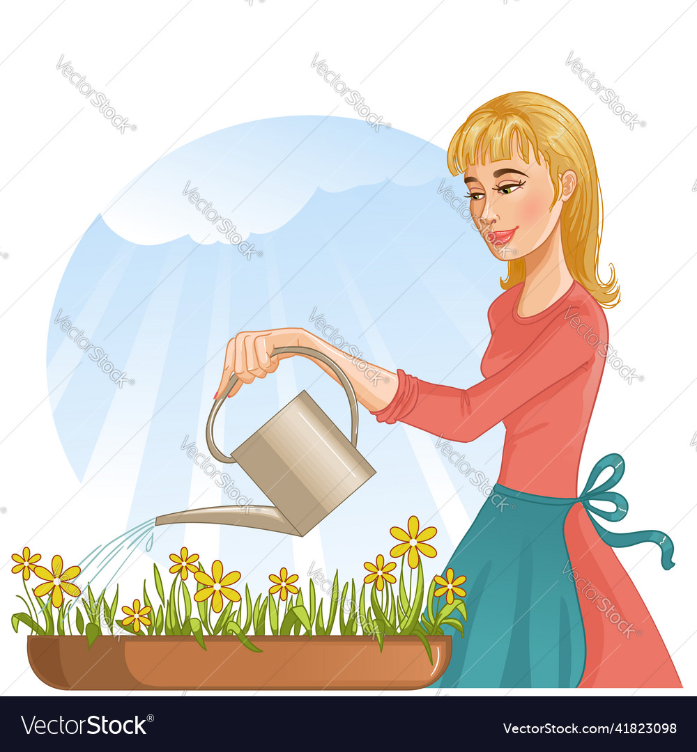 Woman watering her flowers with can