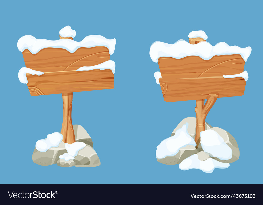 Set winter old wooden blank signboard with snow