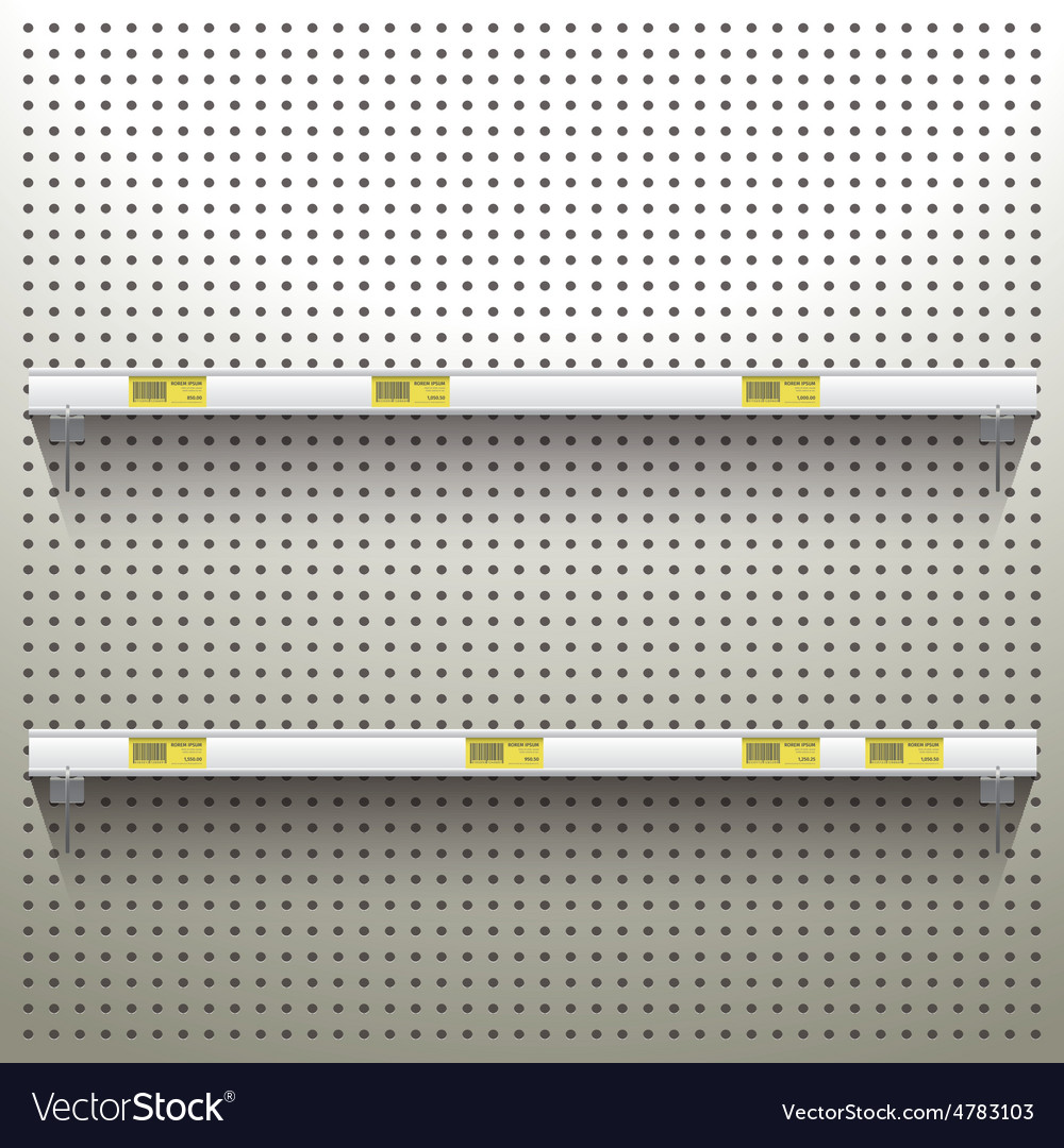 White pegboard background with shelves and price Vector Image
