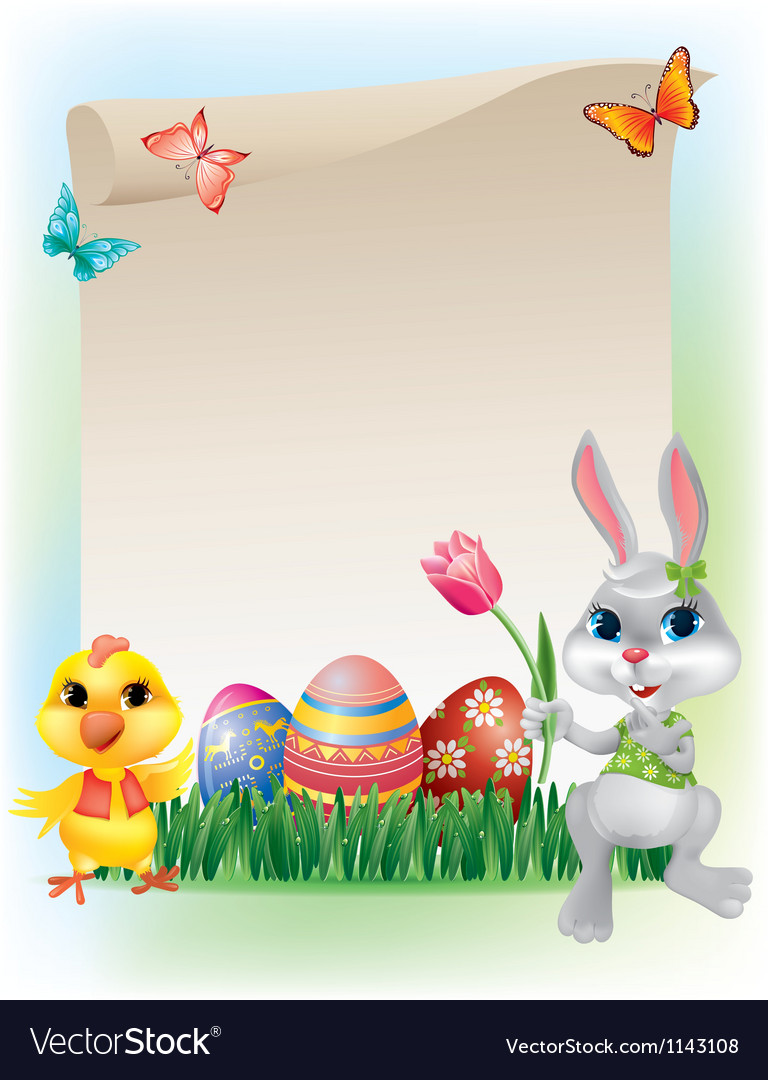 Easter background with bunny and chicken