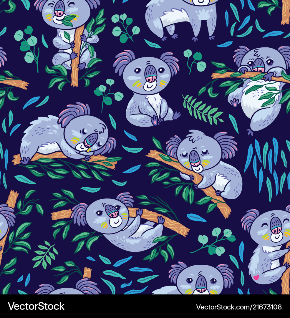 Fun koalas in eucalyptus seamless pattern Vector Image