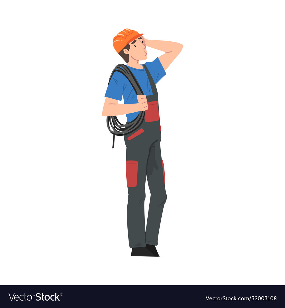 Male Electrician Engineer With Cable Thinking Vector Image