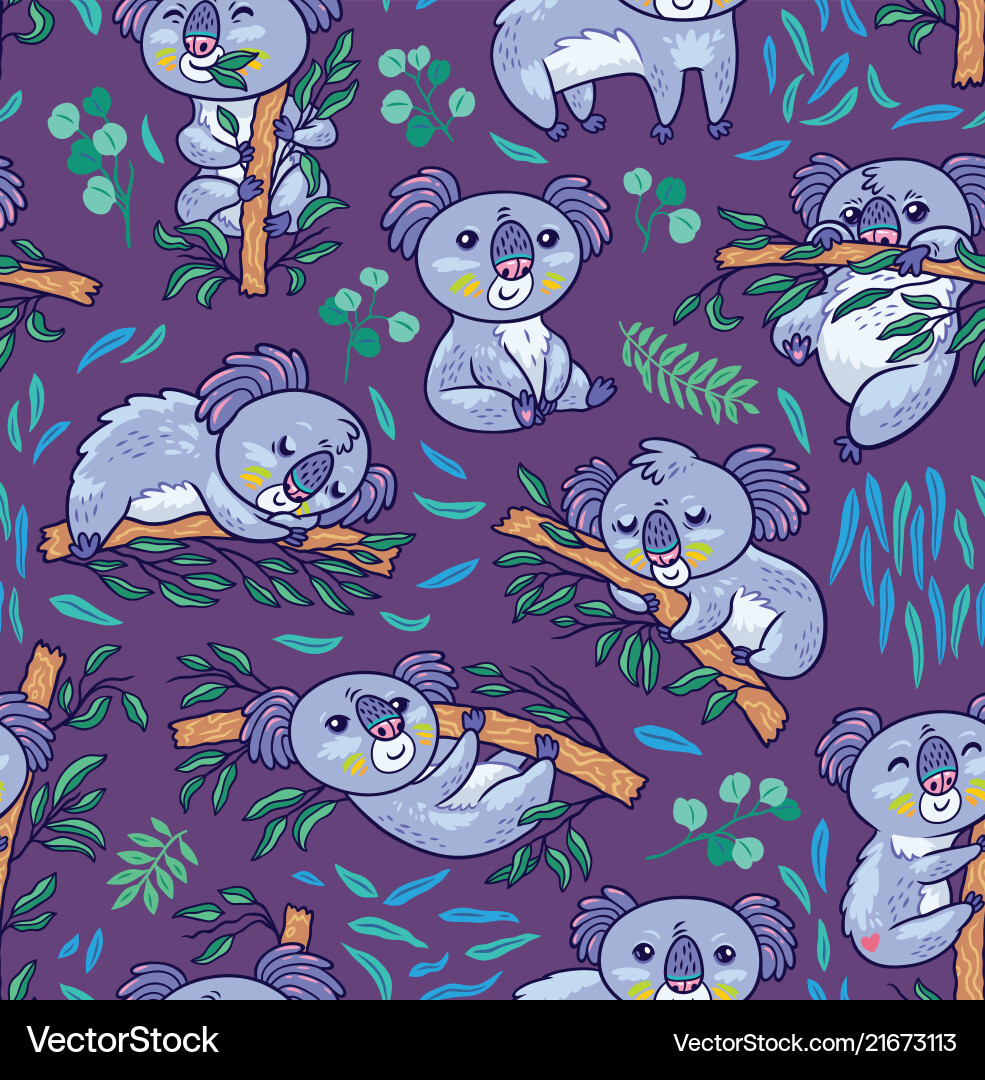 Fun koalas in the eucalyptus seamless pattern Vector Image