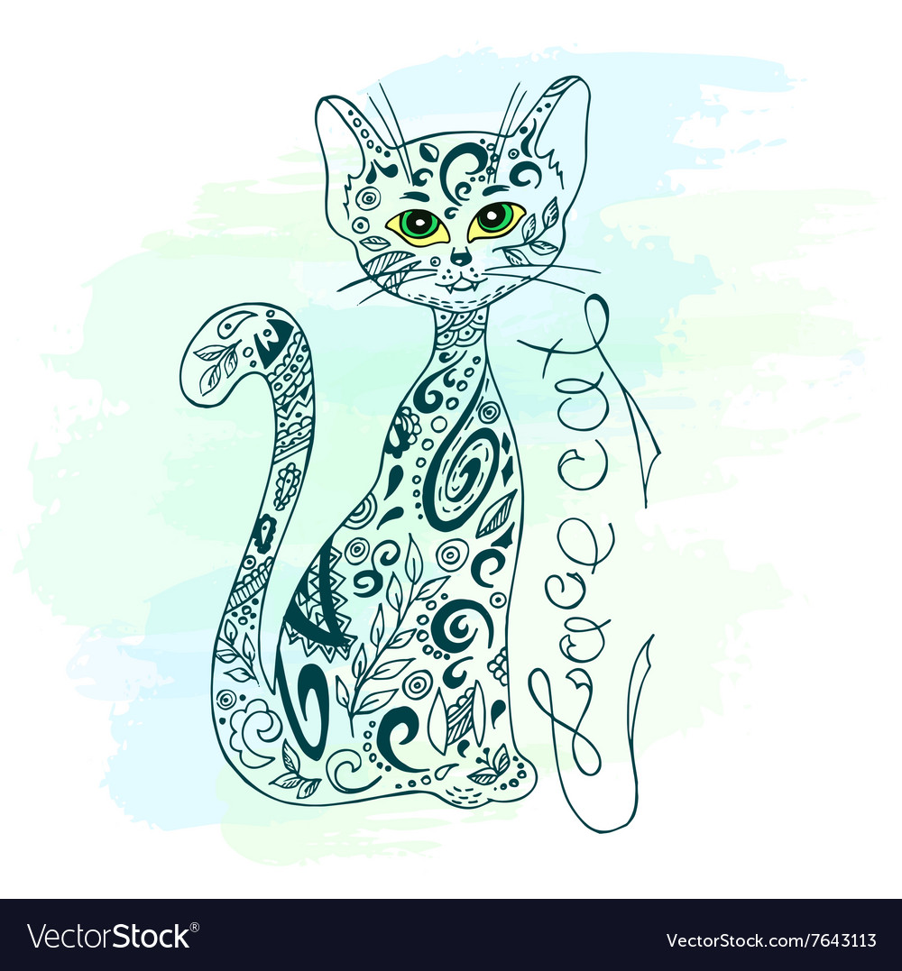 Hand drawn printable sitting entangle cat