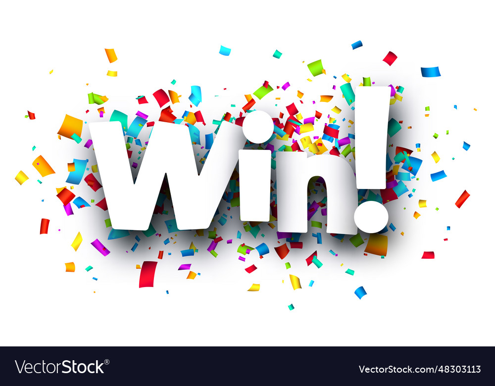 Win sign over colorful cut ribbon confetti Vector Image