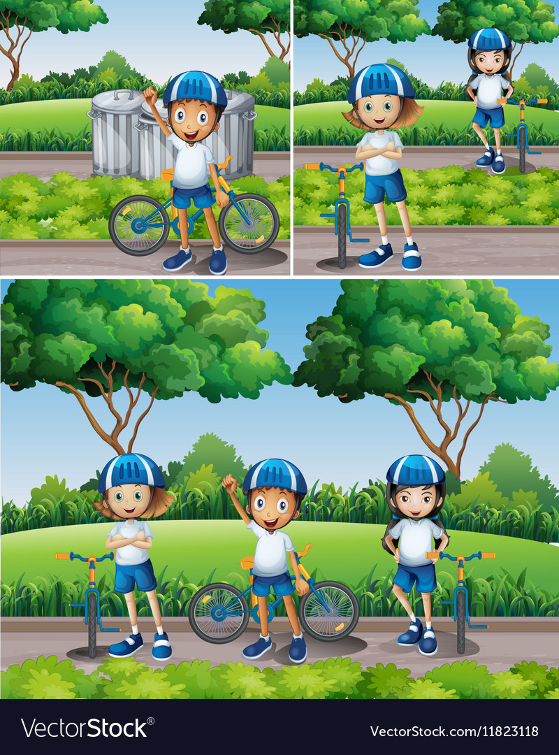 Boys and girls riding bike in garden Royalty Free Vector