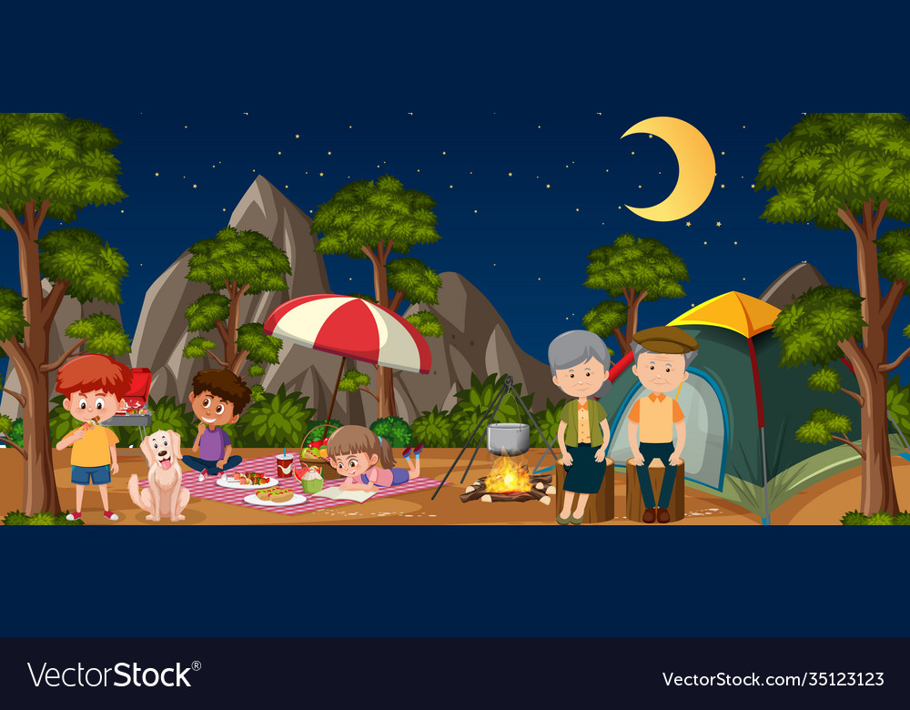 Picnic scene with happy family in forest Vector Image Picnic scene with happy family in forest Vector Image