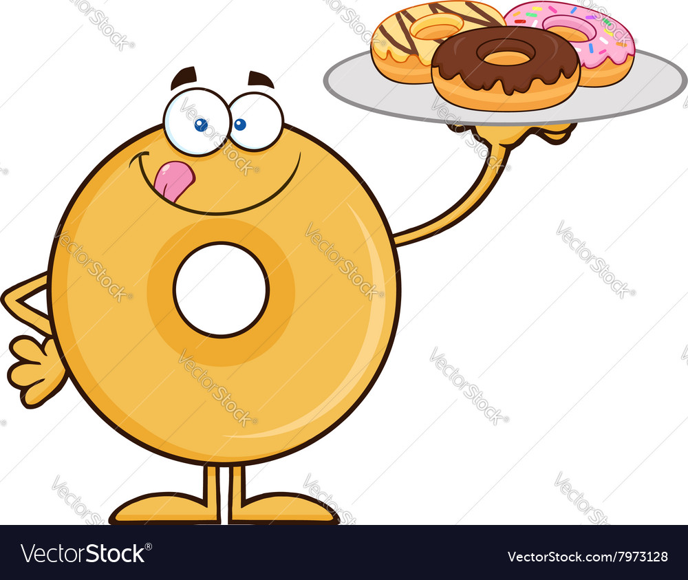 Donut cartoon holding a plate of donuts