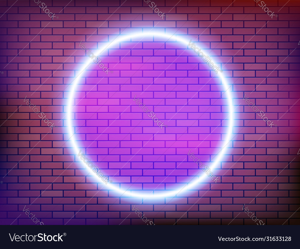 Neon purple circle frame sign brick wall Vector Image