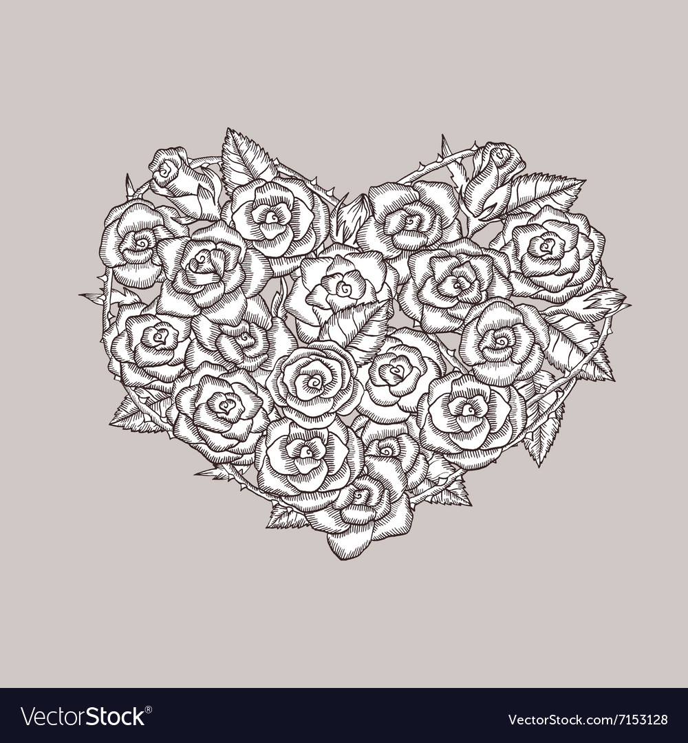 Valentine day heart made of roses ink drawing