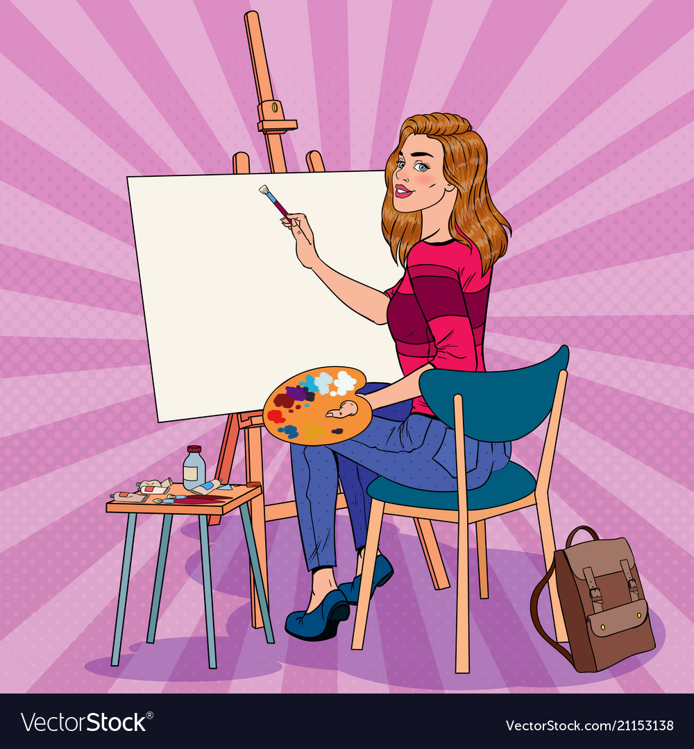 Pop art female artist painting at the studio Vector Image