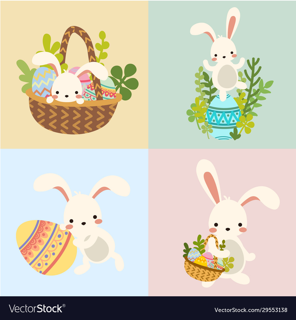 Set easter bunny with eggs flowers