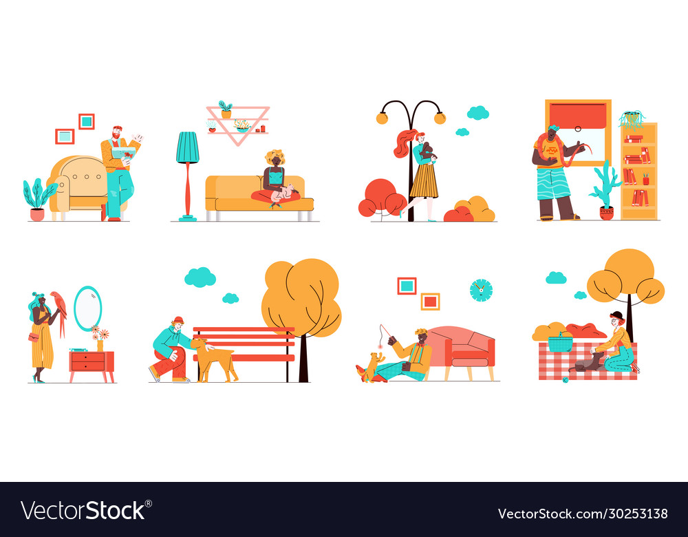 Set pets owners with animals flat cartoon Vector Image