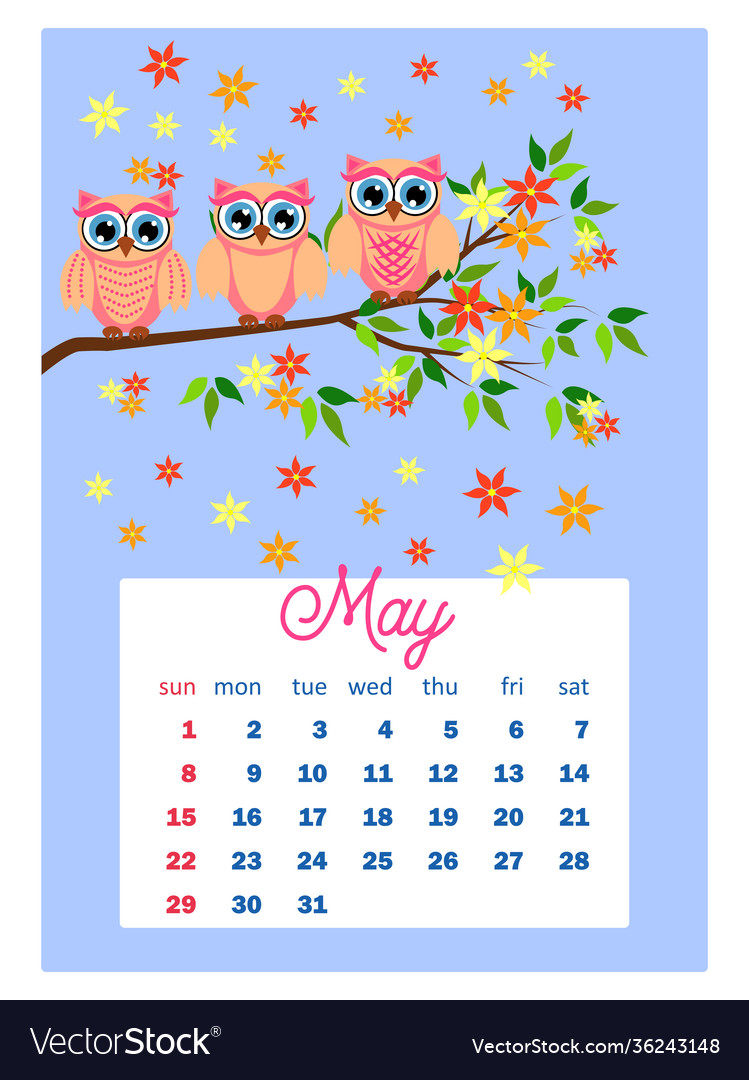 Calendar 2022 cute owls and birds for every month Vector Image