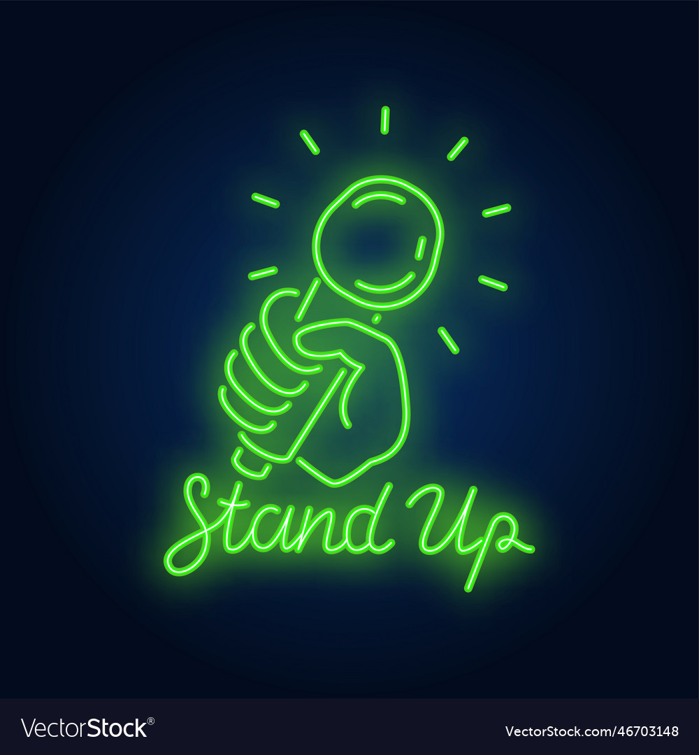 Stand up neon sign with microphone Royalty Free Vector Image