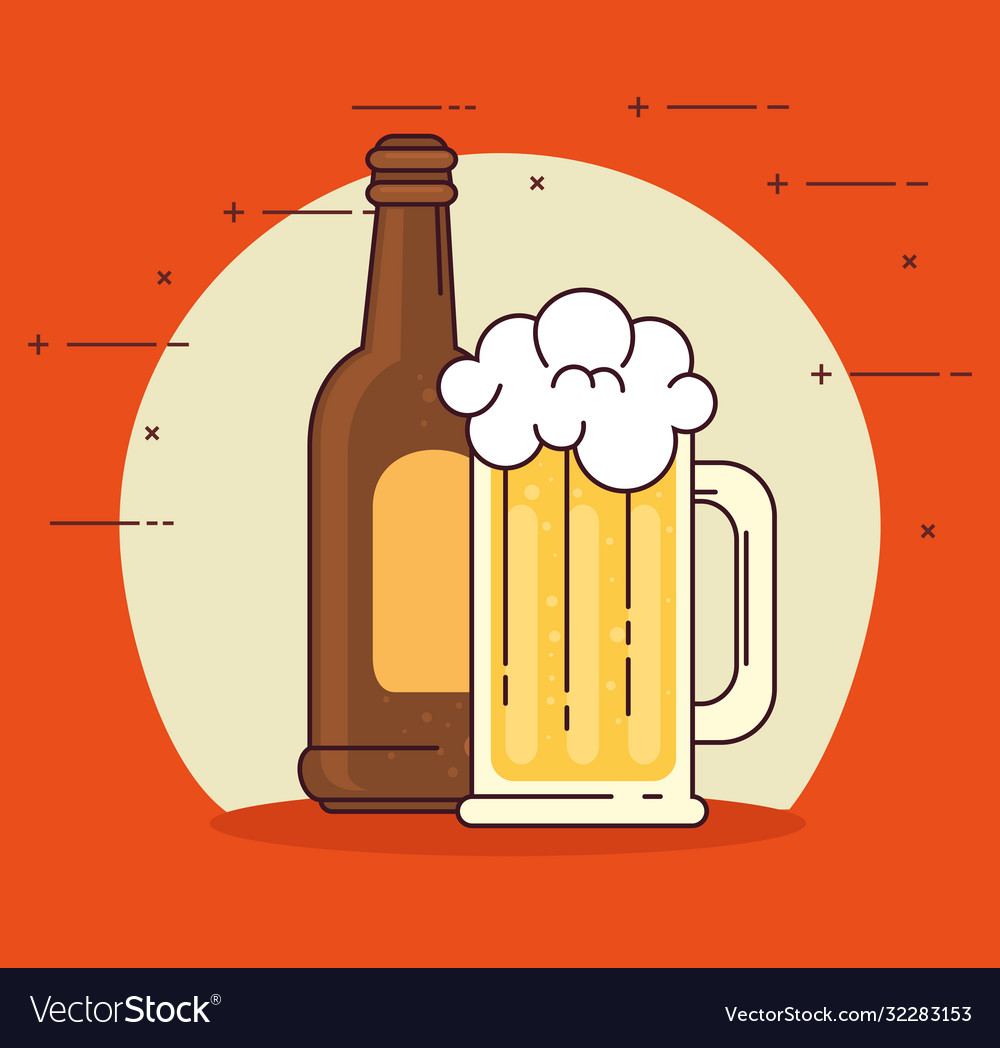 Beers in bottle and mug glass on red background Vector Image