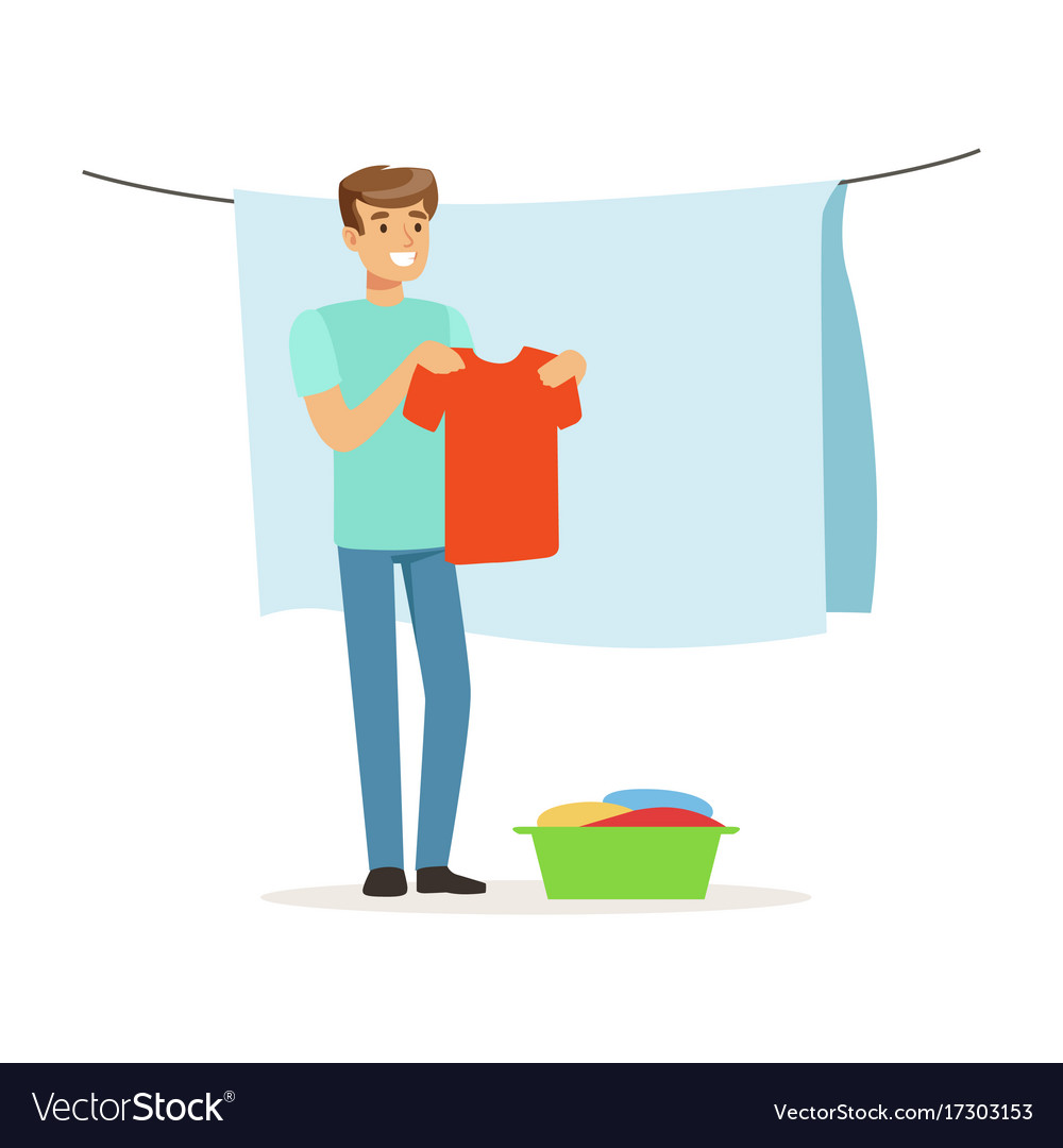 young-smiling-man-hanging-wet-clothes-out-to-dry-vector-image