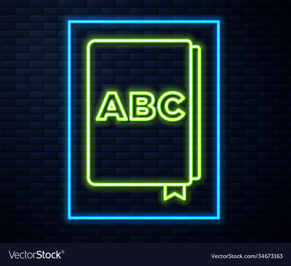 Glowing neon line abc book icon isolated on brick