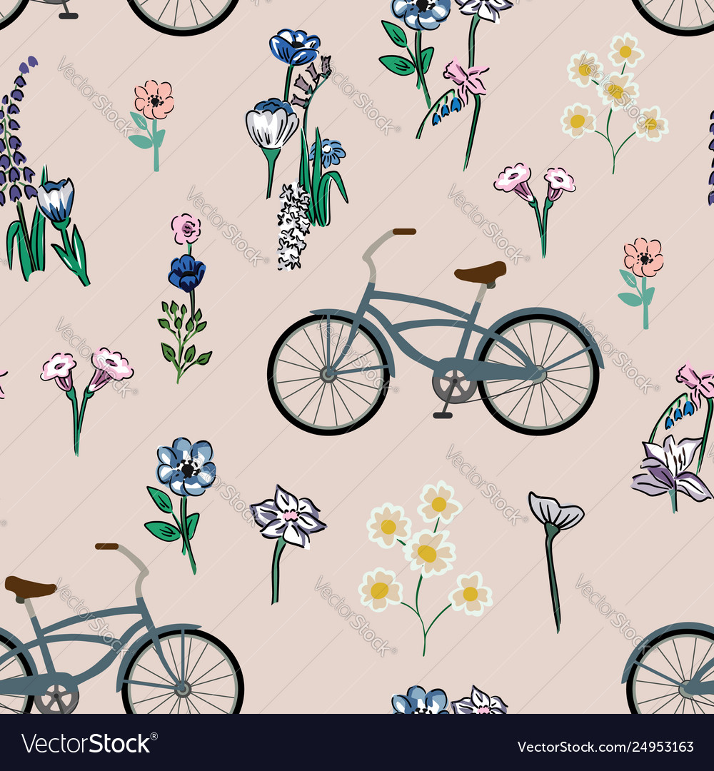 Seamless composition bicycle meadow flowers pink Vector Image