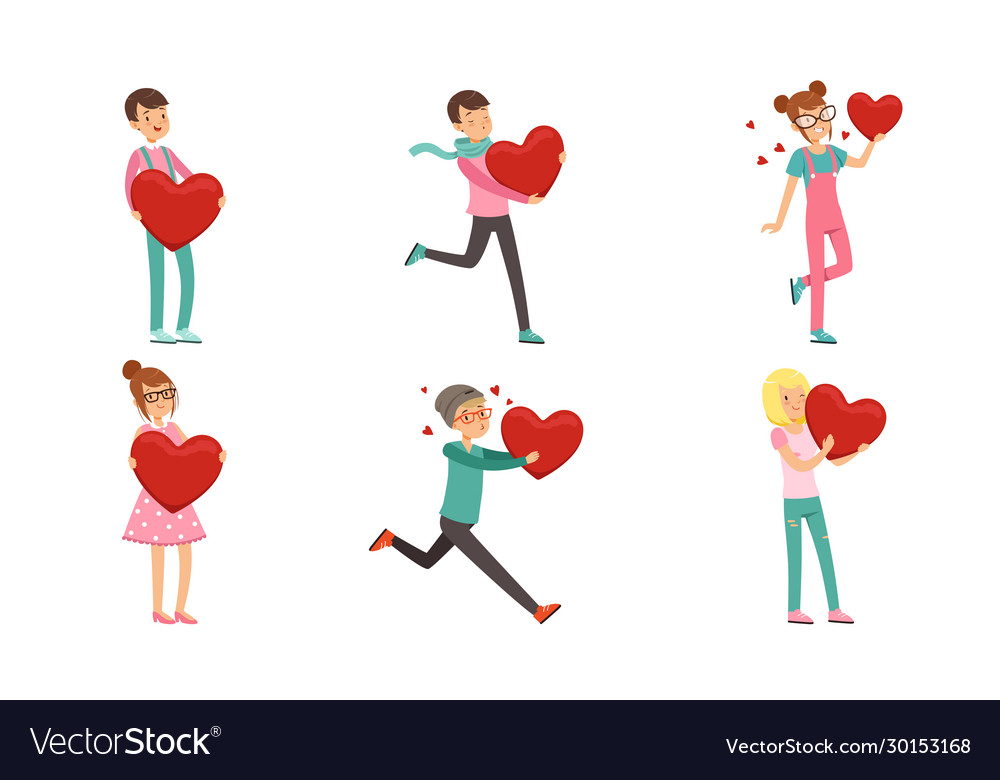 Collection boys and girls with red hearts Vector Image