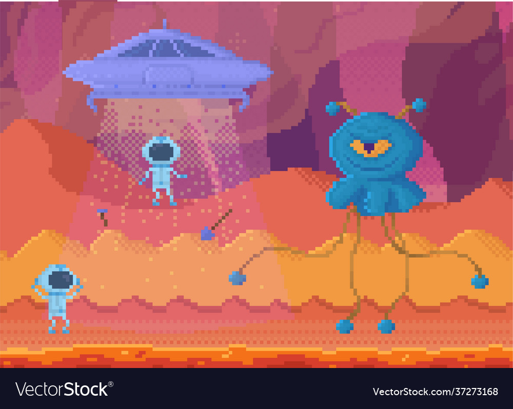 Pixelated aliens leaving dangerous planet Vector Image