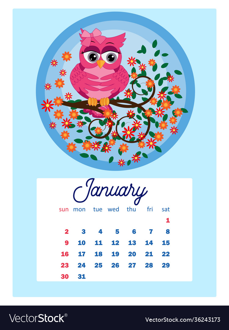 Calendar 2022 cute owls and birds for every month Vector Image