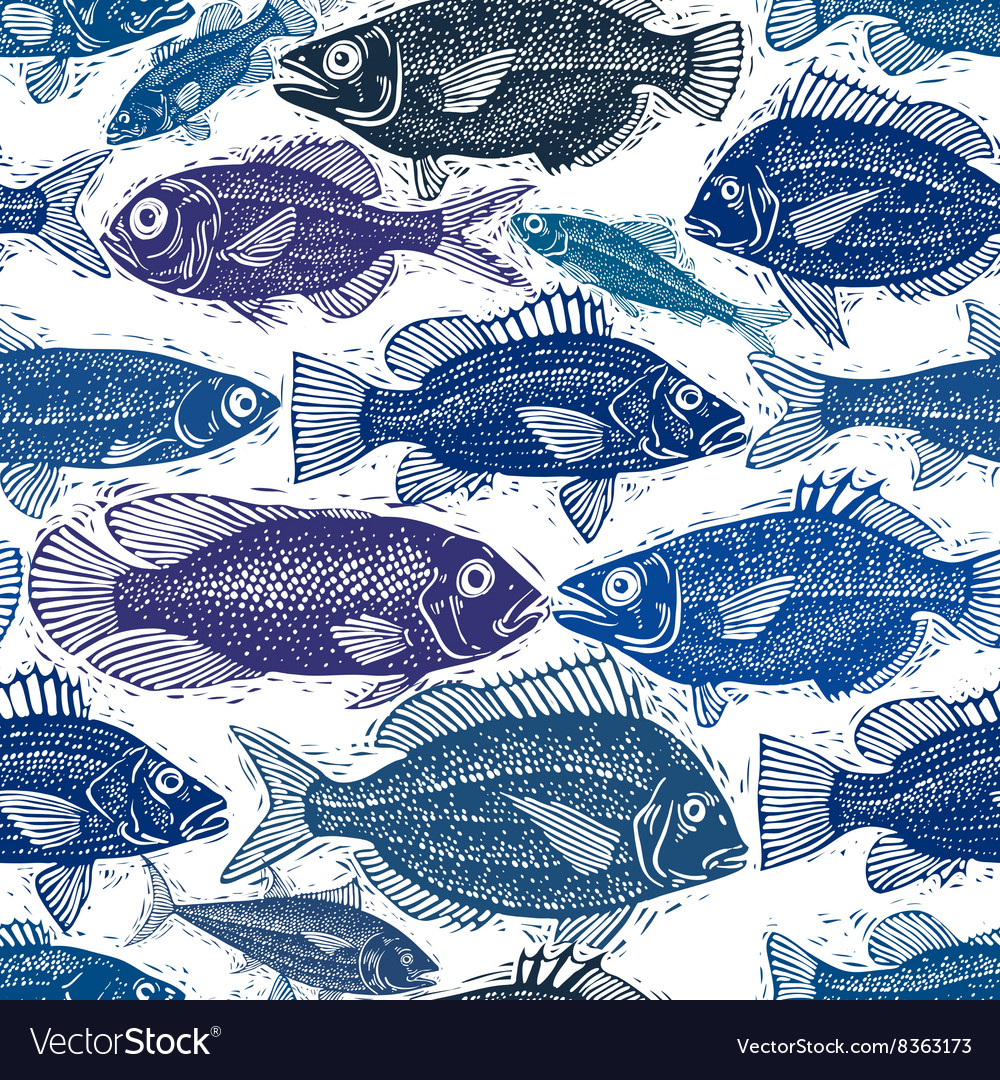 Seamless pattern with fishes different species