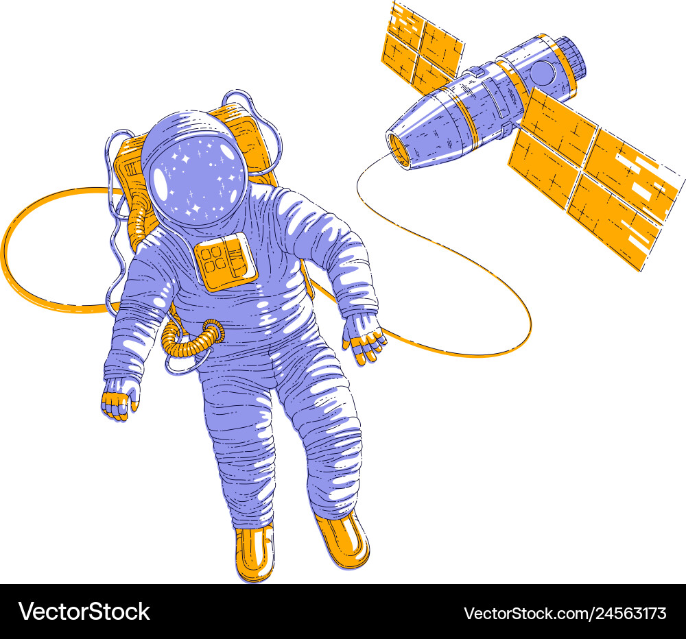 Spaceman flying in open space connected Royalty Free Vector