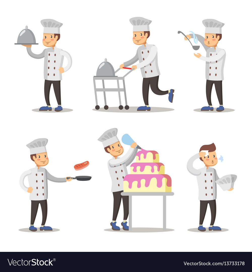 Cute Cook Cartoon Character Set Man Cooking Vector Image 3064