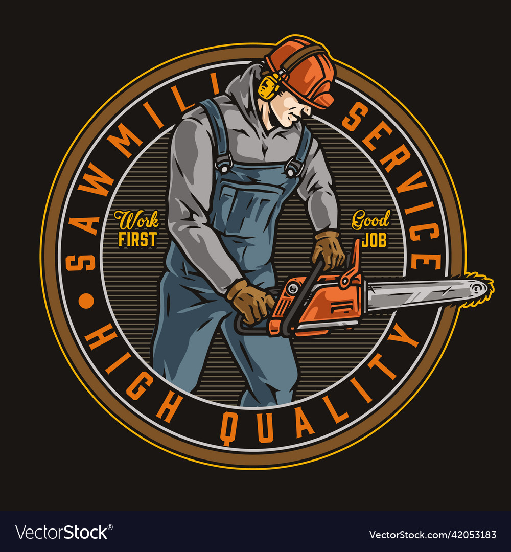 Sawmill worker round colorful emblem Royalty Free Vector