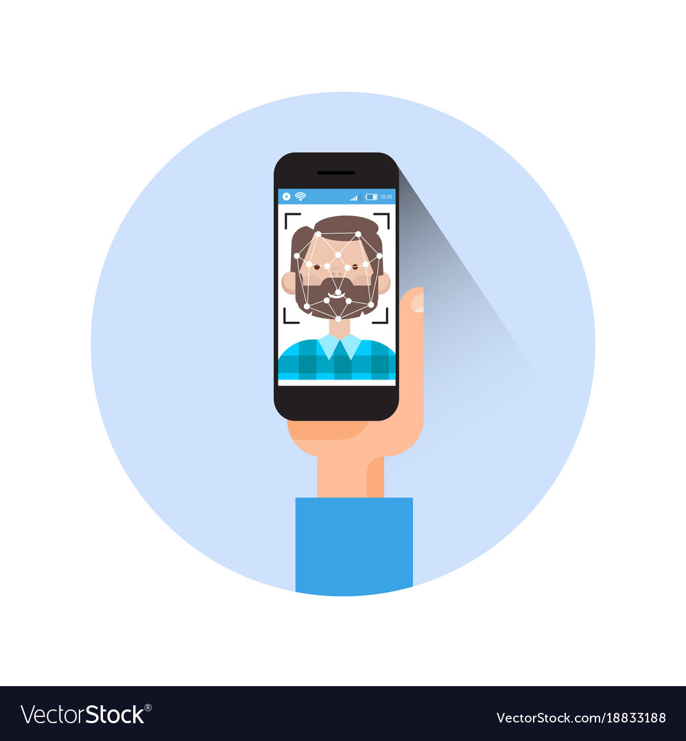 Icon hand holding smart phone scanning man face