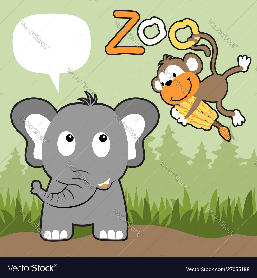 Monkey brings lot banana for elephant cartoon