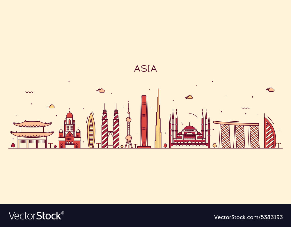 Asia skyline trendy line art Royalty Free Vector Image