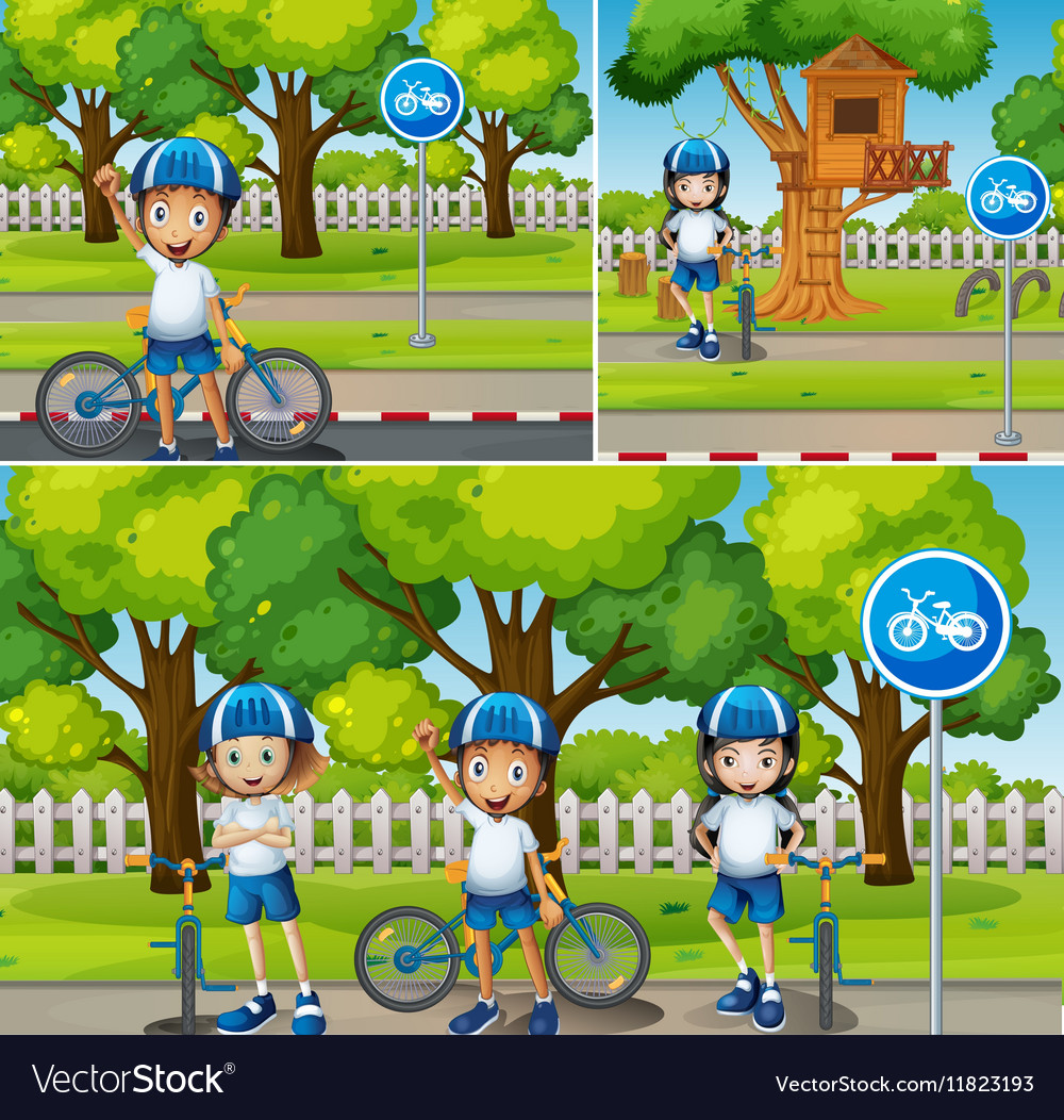 Children riding bicycle in the park Royalty Free Vector