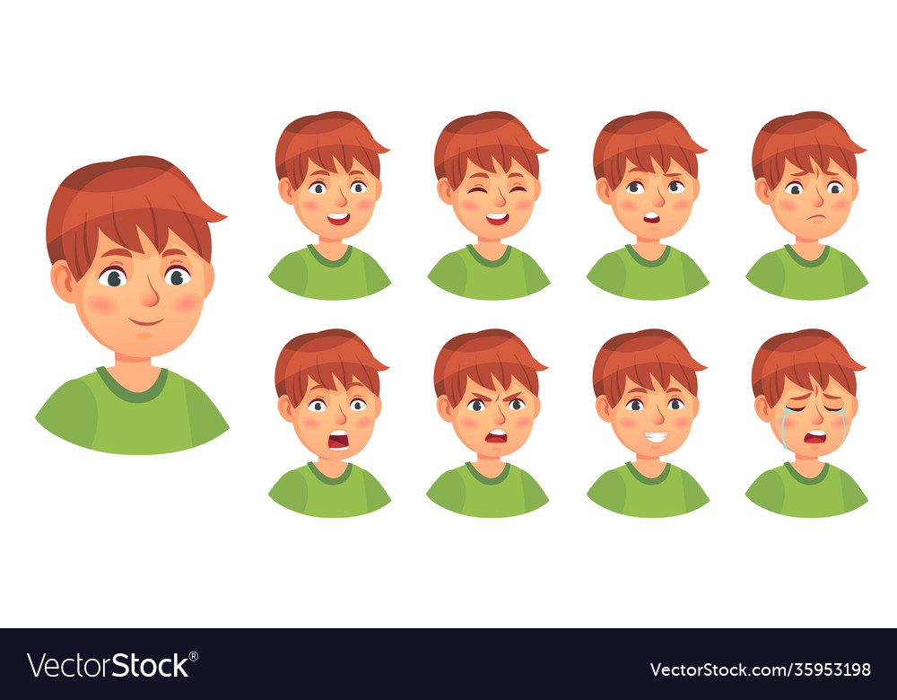 Boy emotions set happy cry and angry Royalty Free Vector