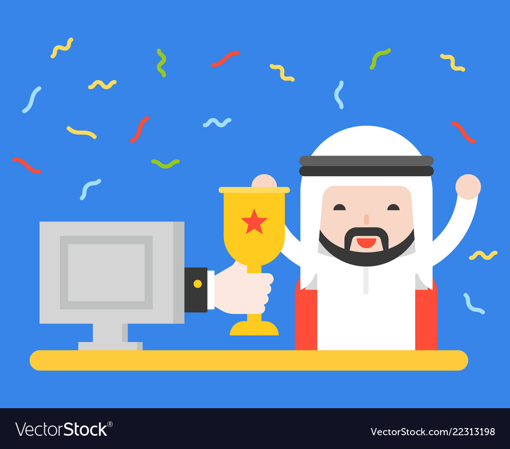 Hand in screen giving a cup to arab businessman