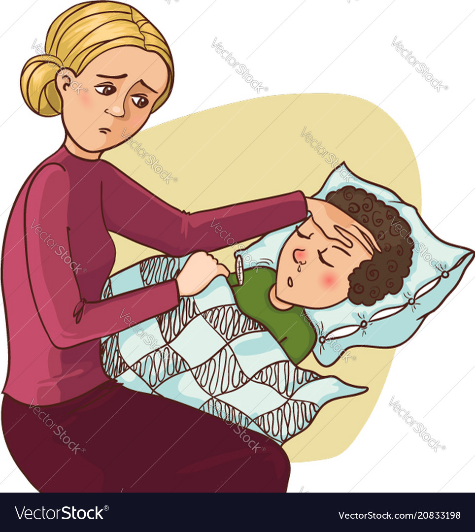 Mother Worries About Her Ill Son Who Stays In Bed Vector Image 