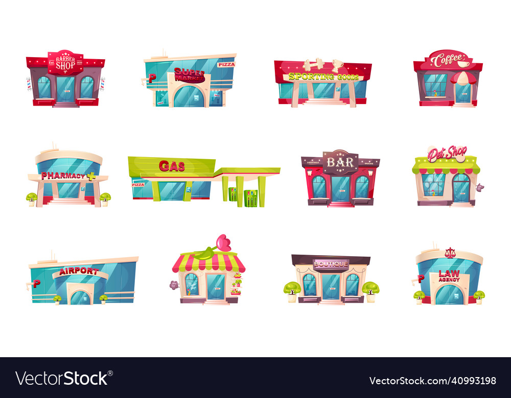 Shop front flat color objects set barber