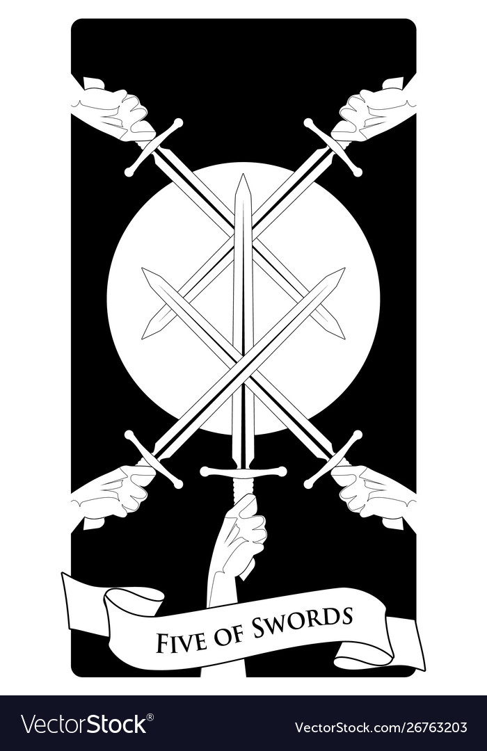 Five of swords. Crossing five swords on a symbolic image of the