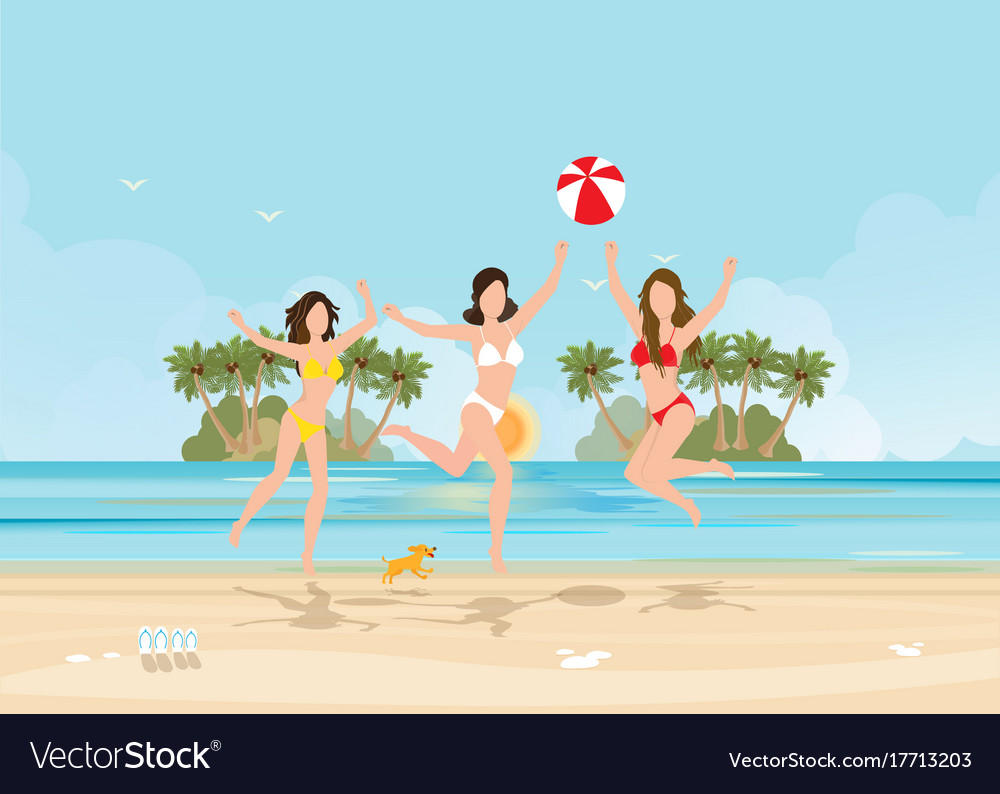 Three bikini woman jumping with ball on beautiful