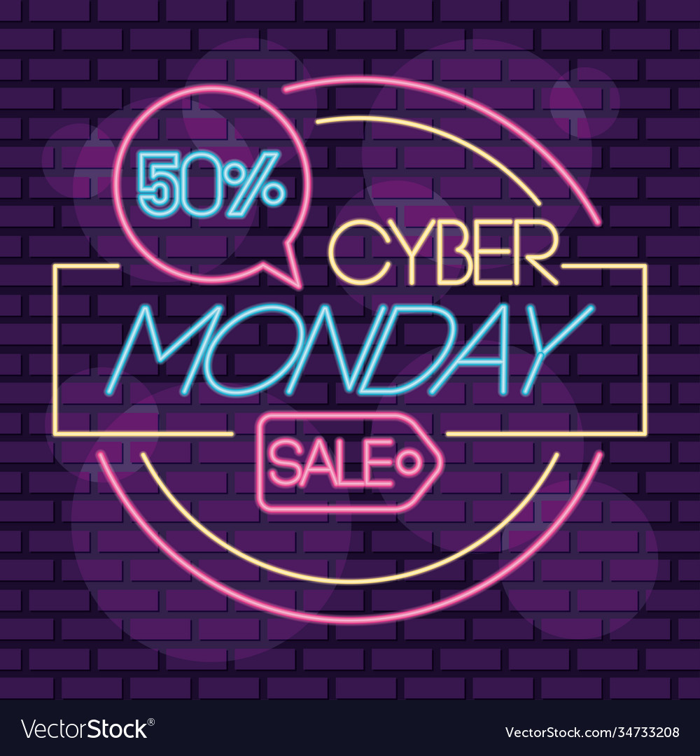 Cyber monday sale neon circular label with tag