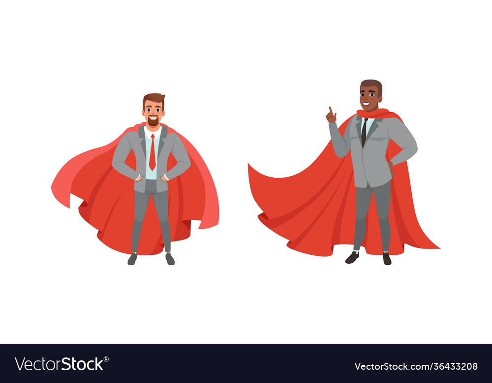 Superhero businessmen in red capes set successful