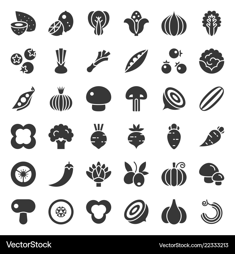 Vegetable icon set 22 solid style Royalty Free Vector Image