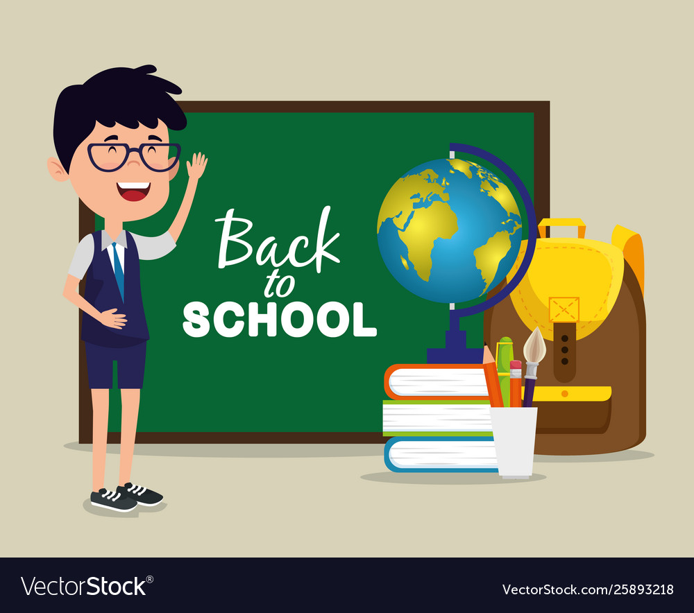 Boy with books and backpack global map Royalty Free Vector