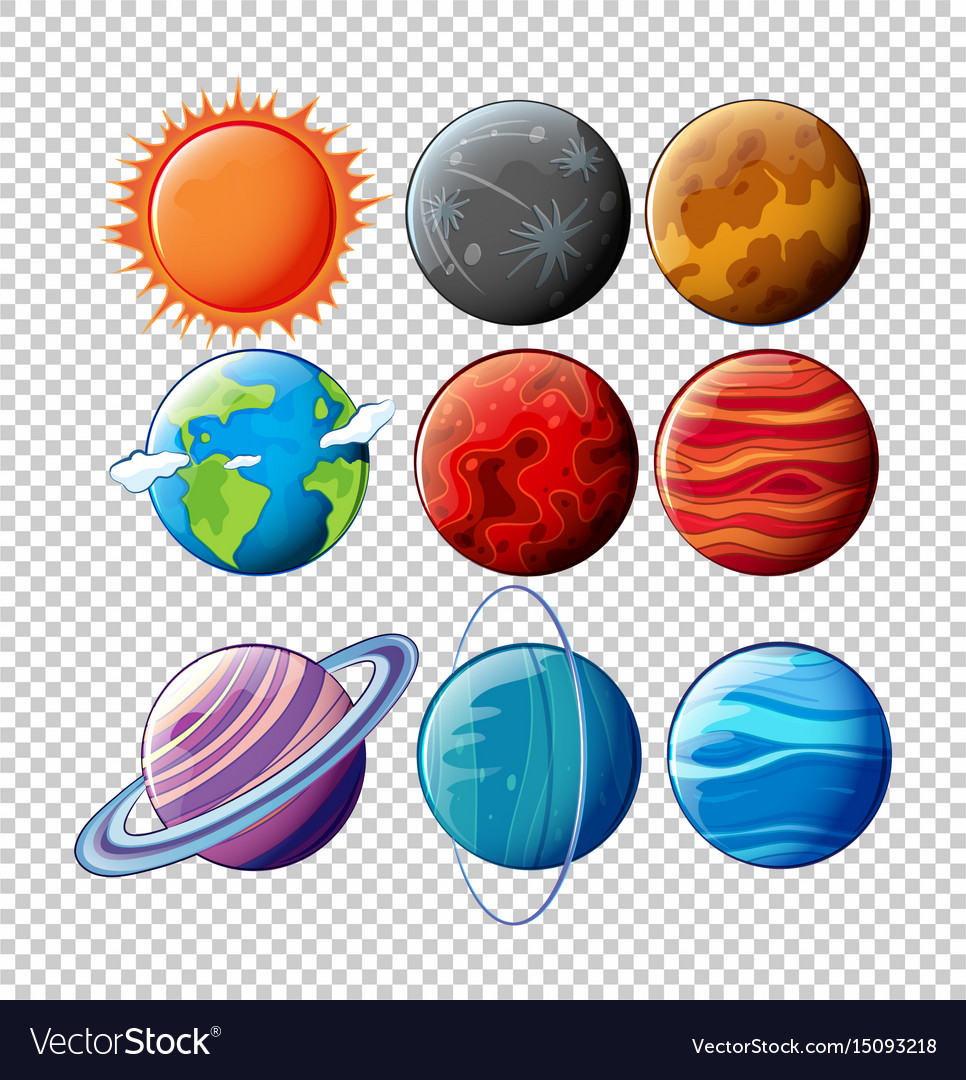 Different planets in solar system on transparent