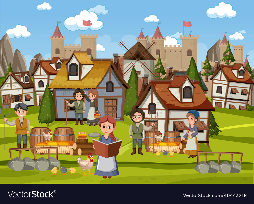 Medieval town scene with villagers