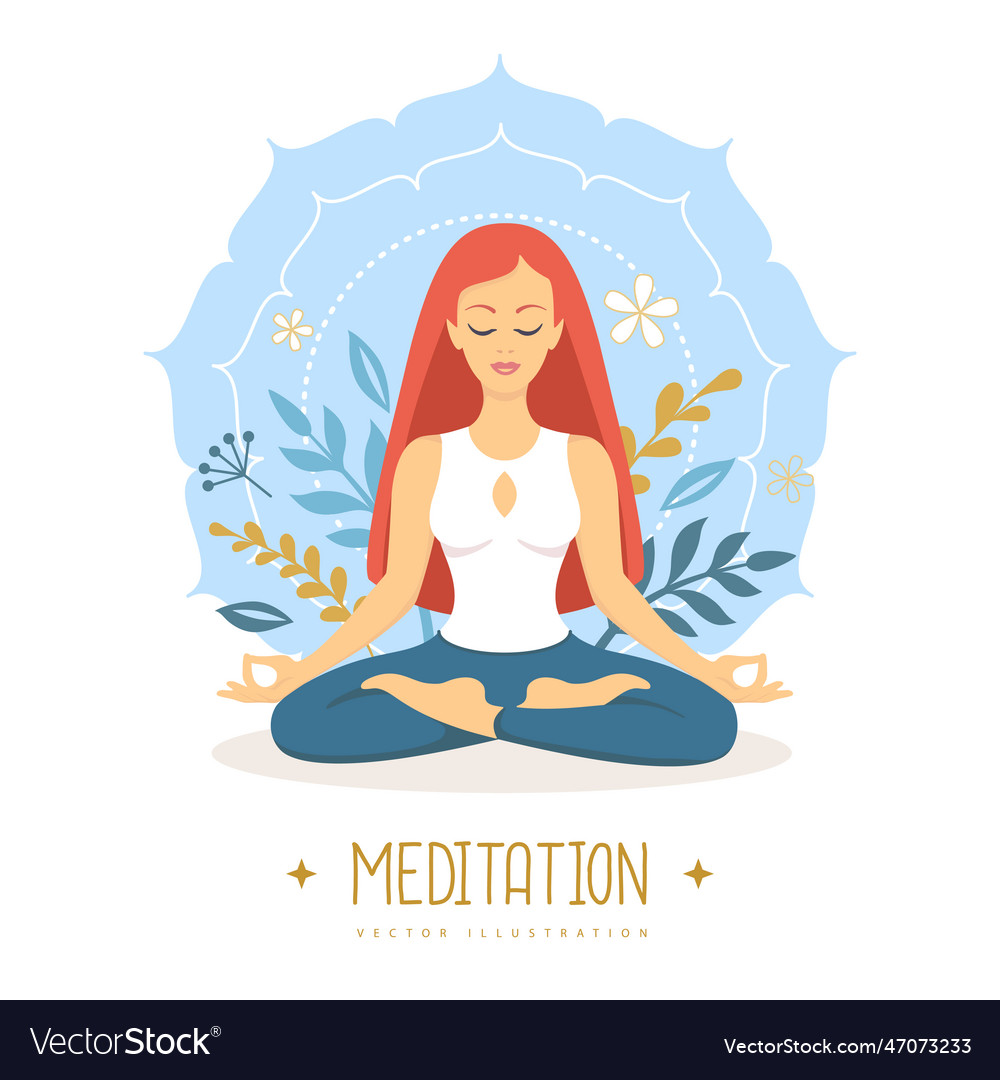 Woman meditation in lotus position with leaves Vector Image