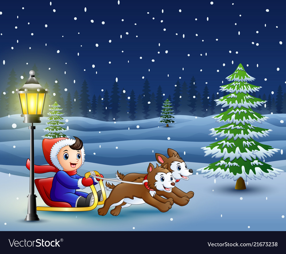 Happy Boy Riding On A Sleigh Pulled By Two Dog Vector Image