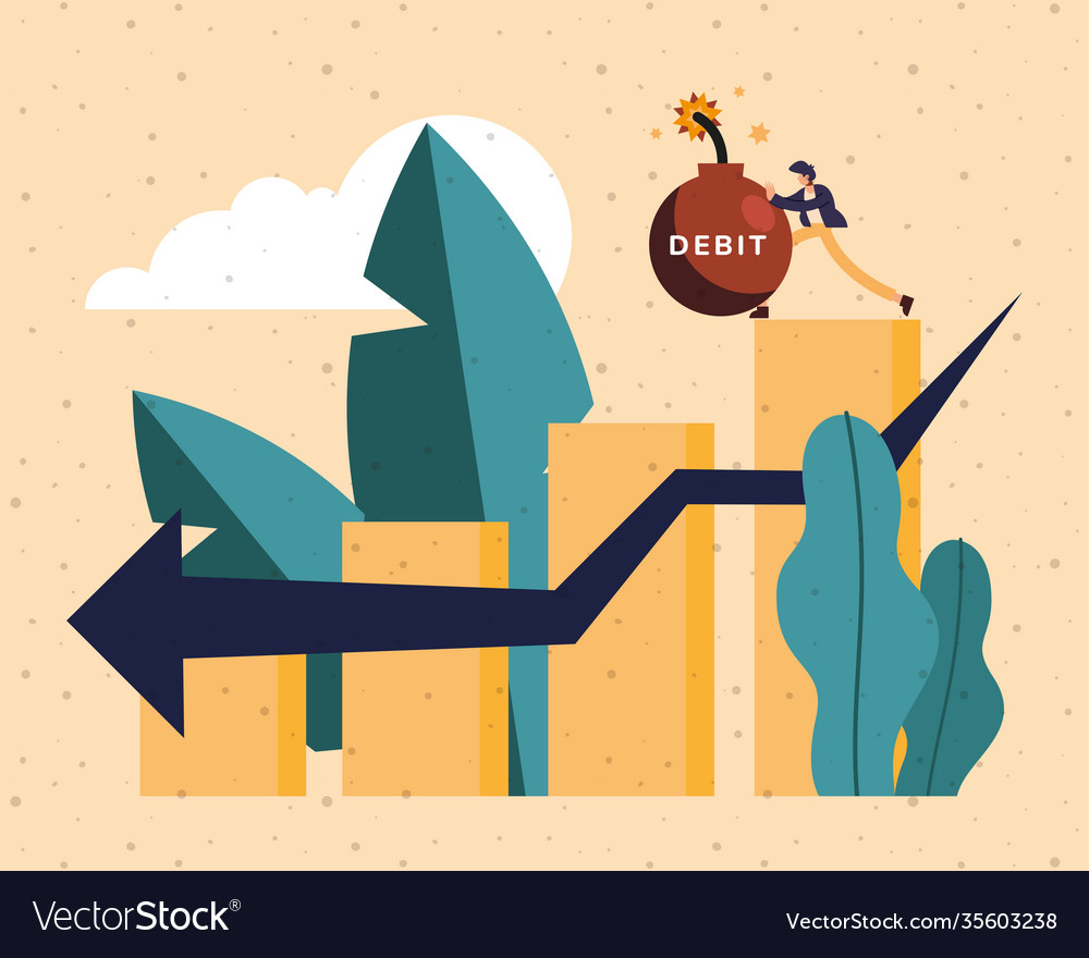 Man cartoon pushing debit bomb on bars chart