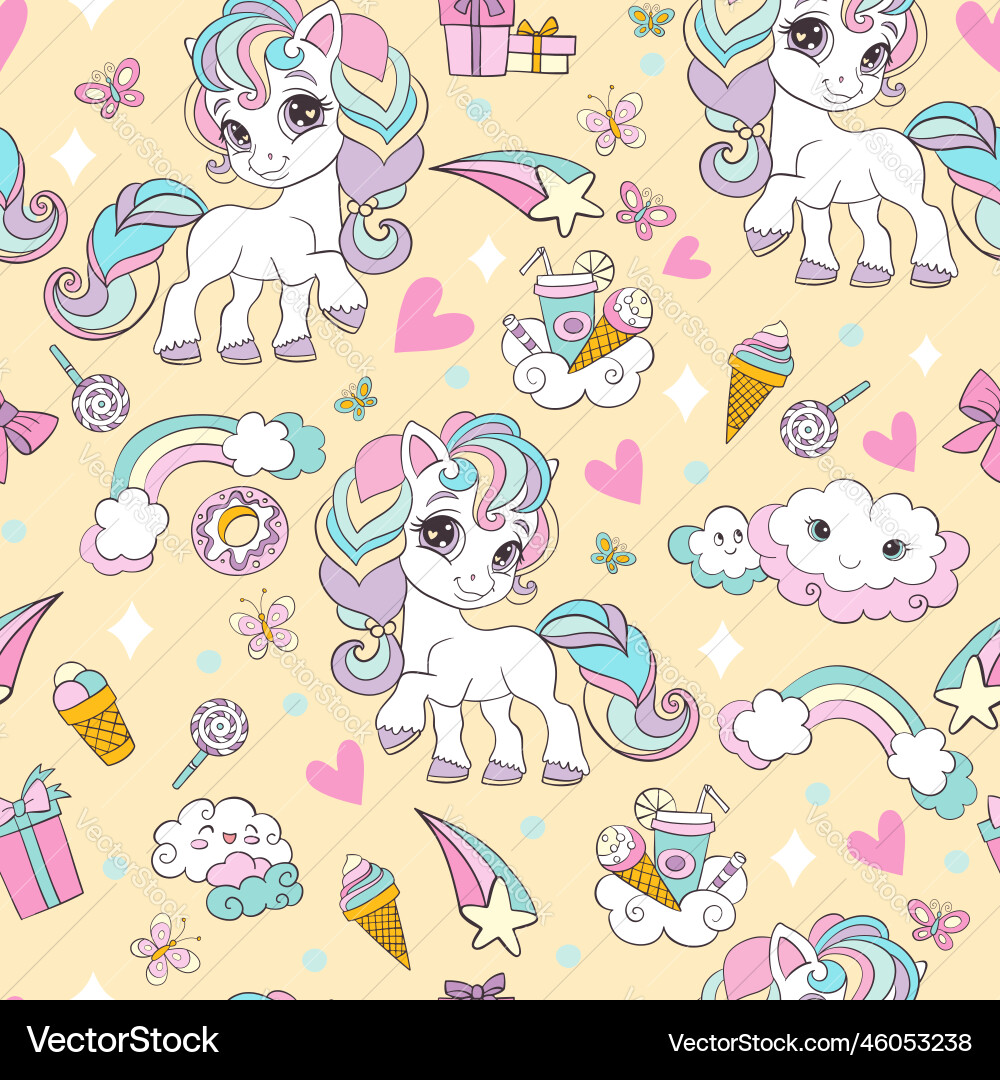 Seamless pattern with unicorns and magic elements Vector Image